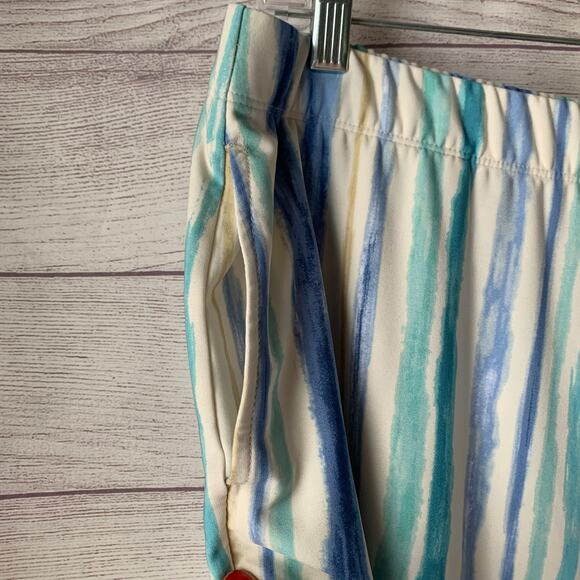 Susan Graver Blue Beige Striped Crop Wide Leg Pants or Capris Pockets Size M - Picture 10 of 12